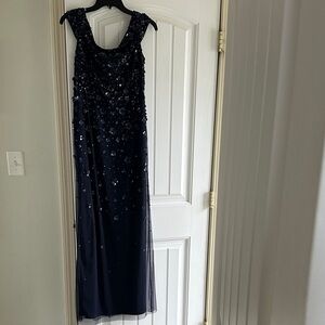 Adrianna Papell Navy Off the Shoulder Beaded Evening Gown Size 12